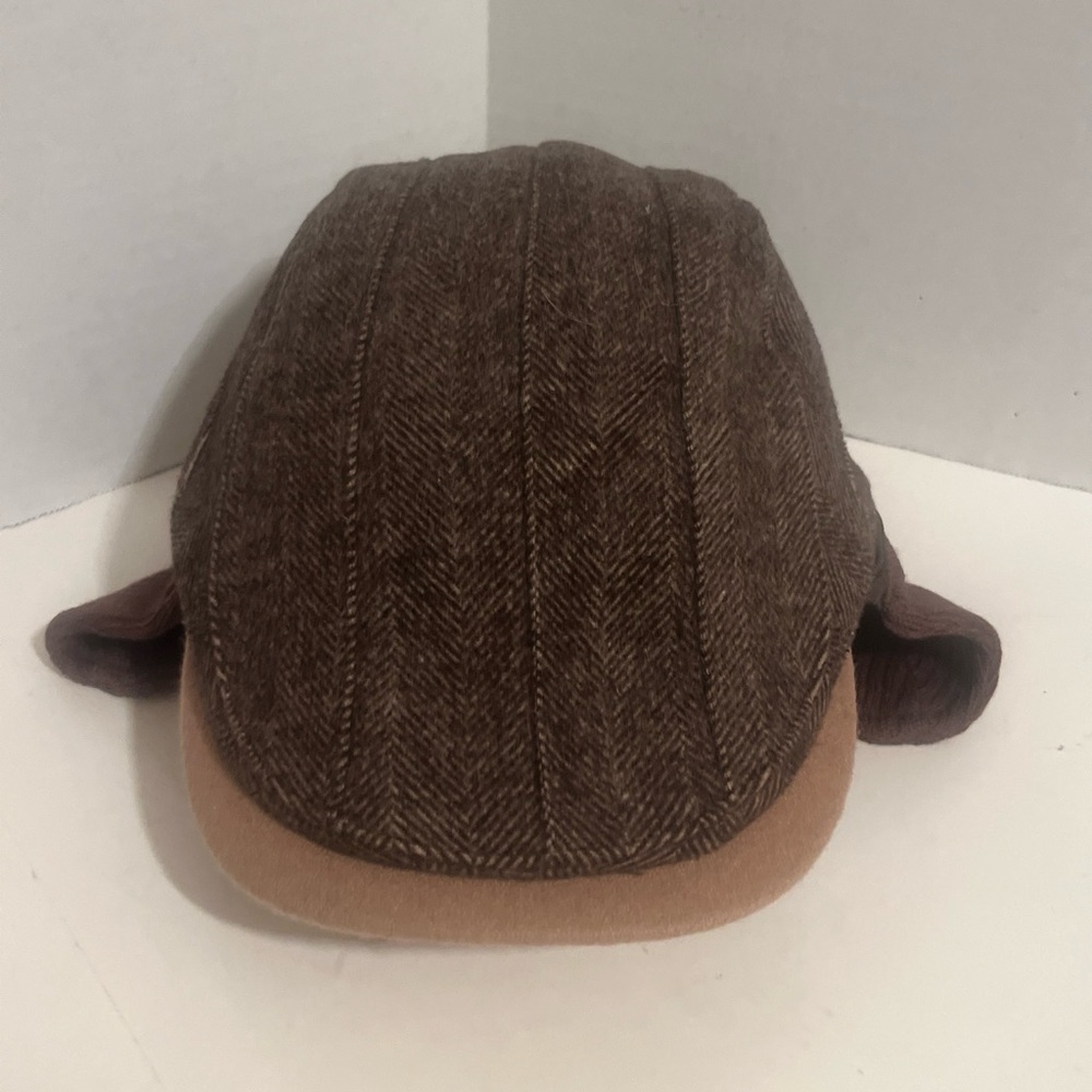 Jeff & Aimy Newsboy Hat Cap With Convertible Ear Flaps Brown Tweed Herringbone.